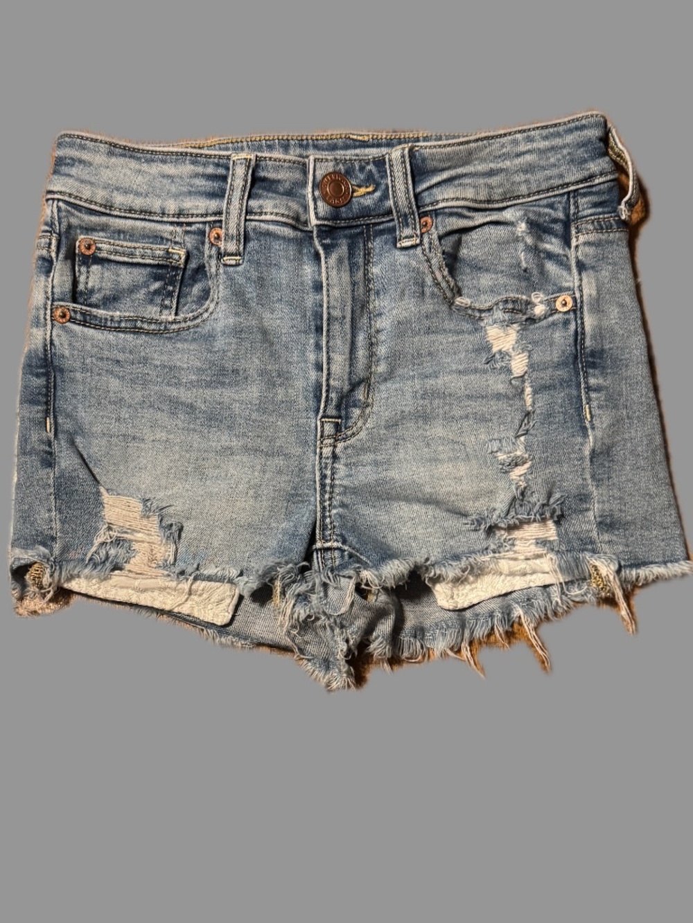 (2) AMERICAN EAGLE MED BLUE SUPER STRETCH CUTOFFS LACE-LIKE PKT HI RISE SHORTIE